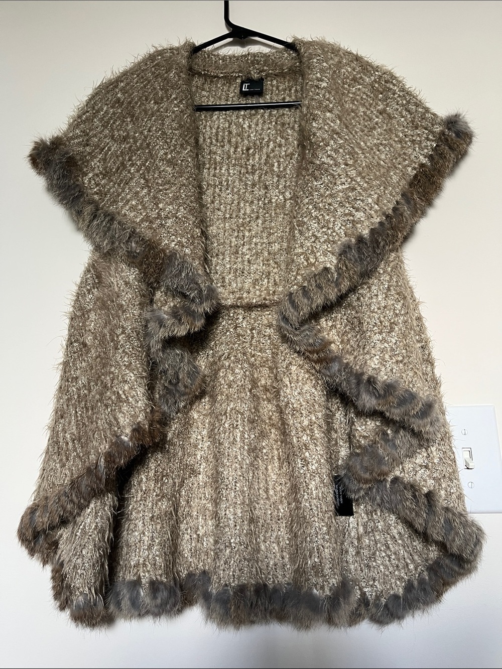 Love Token Taupe Faux-Fur Trim Open-Front Cape Sweater